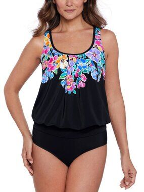 Swim Solutions Scoop Neck Blouson Tankini Top Black Floral Size 14